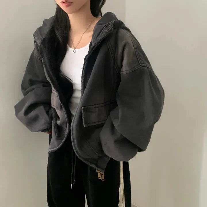 Faionable Thiened Fur Felpa con cappuccio Denim Jaet Donna Allentato Pigro Sle Capispalla Caldo Cappotto di cotone Primavera Autunno Inverno