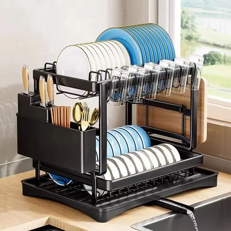 Double-Layer Dish Bowl Drainer Kitchen Tableware Storage Rack Chopsticks Knife Water Cup Organizer Kitchen Utensils Holder