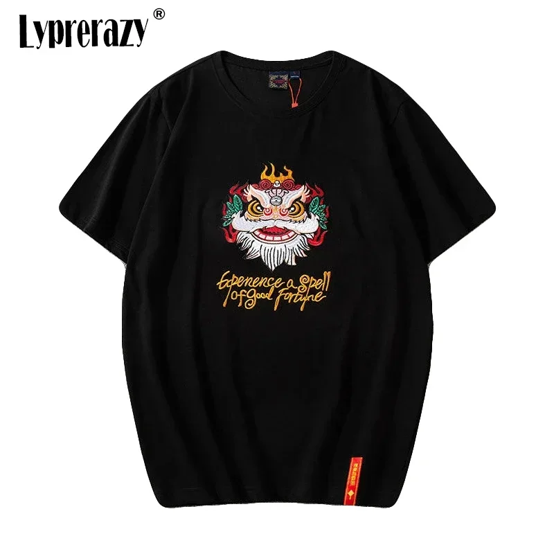 Lyprerazy Chinese Wake Lion Embroidery Short-sleeved T-shirt Men's Summer National Tide Cotton Round Neck T-shirt
