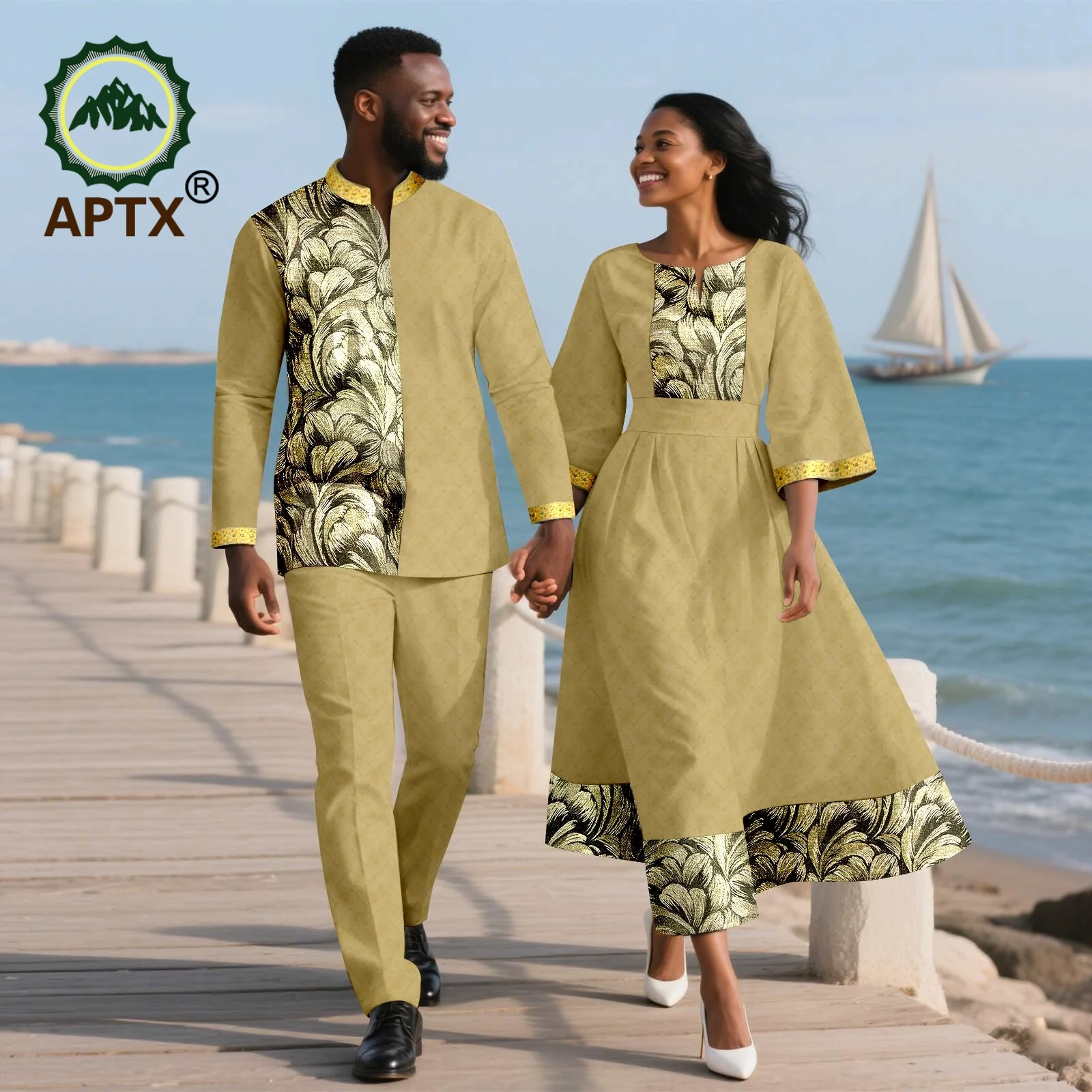 

African Couple Clothes for Men Robe 3PCS Set Match Women Maxi Dresses Top and Mermaid Skirt Evening Party Wedding Wear 25C063
