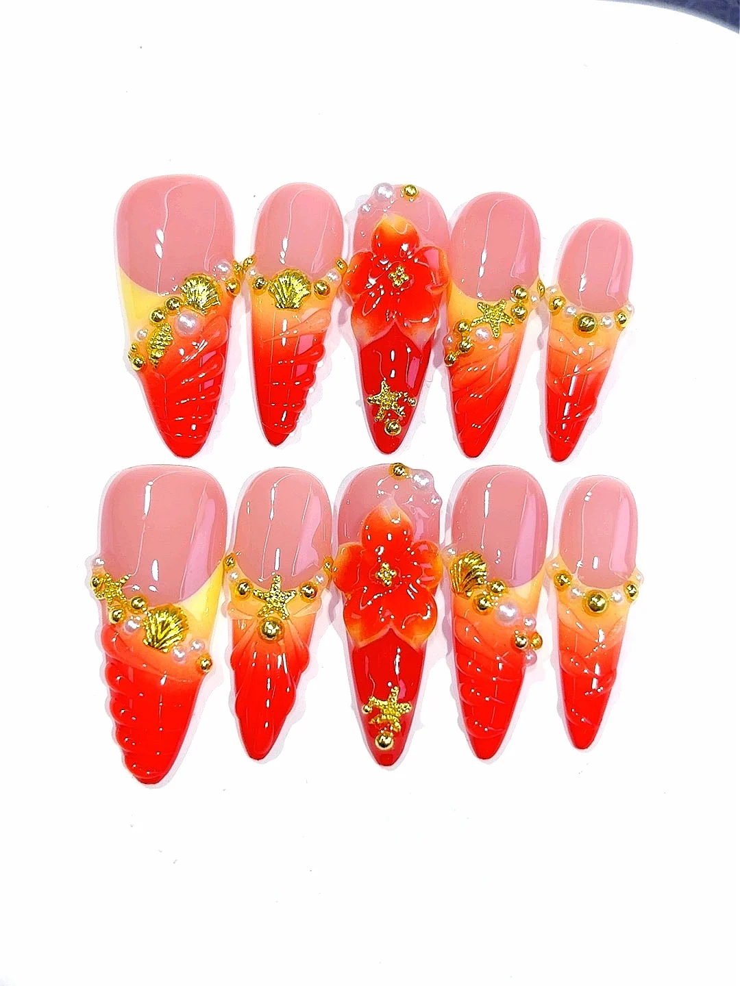أحمر برتقالي أومبير ثلاثية الأبعاد زهرة نجم البحر شل الذهب لهجة اللوز الصحافة على الأظافر ، مجموعة الأظافر كاذبة اليدوية للنساء (D573)