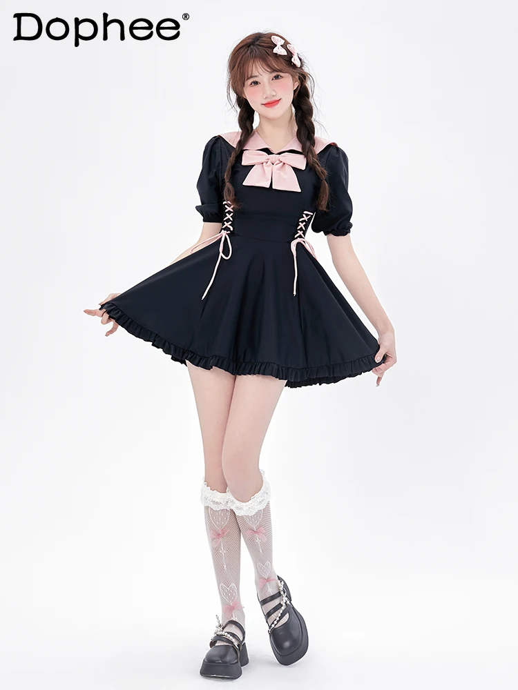 Puff Short Sleeve Sailor Collar Black Skirt and Shorts Swimsuit Summer New Sweet Bow Cute Girl Hot Spring Bathing Suit Women