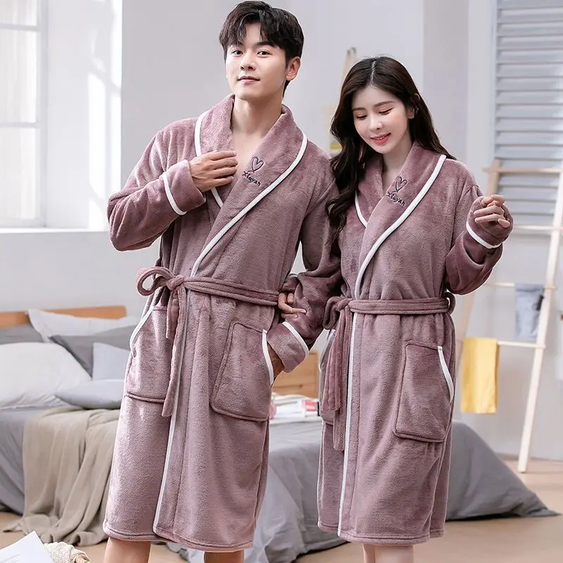 Plus Size Flannel Couple Robe Sleepwear Autumn Winter Thickened Coral Fleece Nightwear Bathrobe Loose Casual Homewear Loungewear