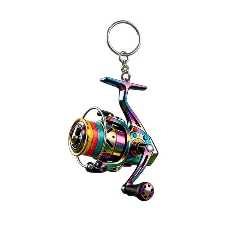 Maris fishing reel keychain on backpack