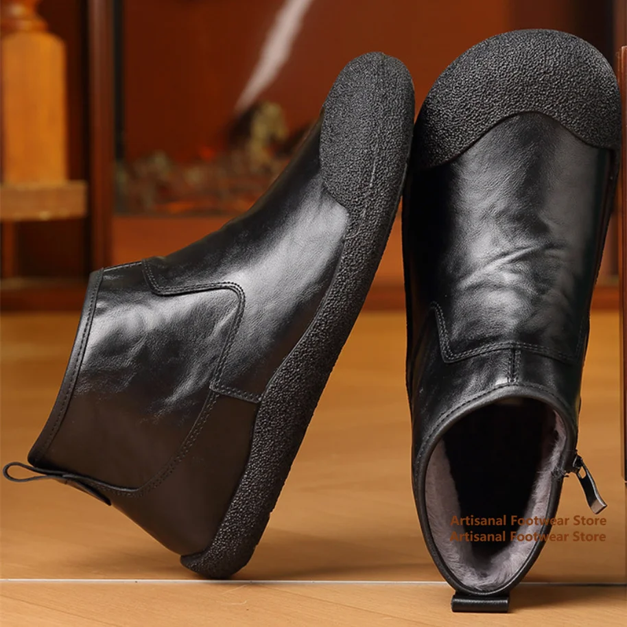 Men's Winter Fleece Lined Chelsea Ankle Boots Slip On Warm Black Leather Boots Rubber Toe Cap Soft Sole Cold Weather Casual Shoe