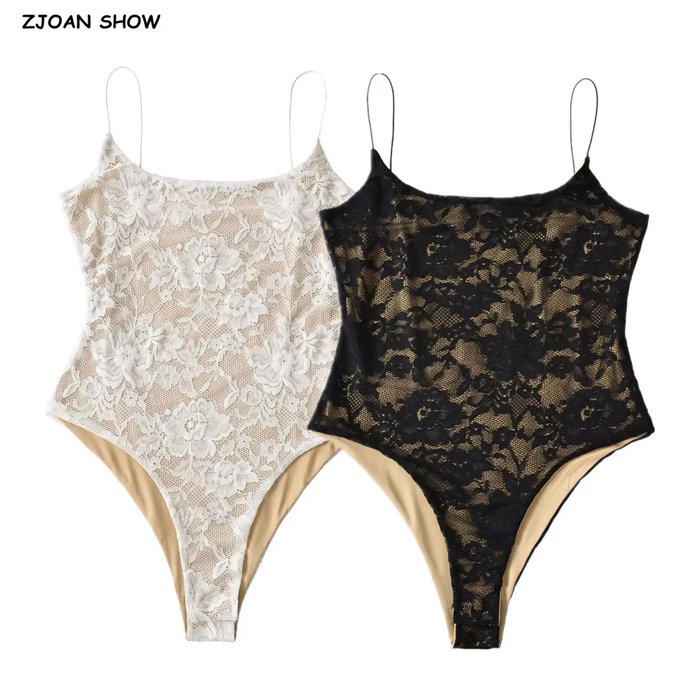 Sexy See Through Lace With Lining Elastic Spaghetti Strap Bodysuit Woman Sling Tight Short Jumpsuit Slim Fit Rompers Playsuits