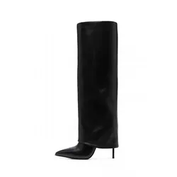 Arden Furtado Street style black boots for women knee high Stilettos brown Pointed toe Riding boots knee high boots wide calf