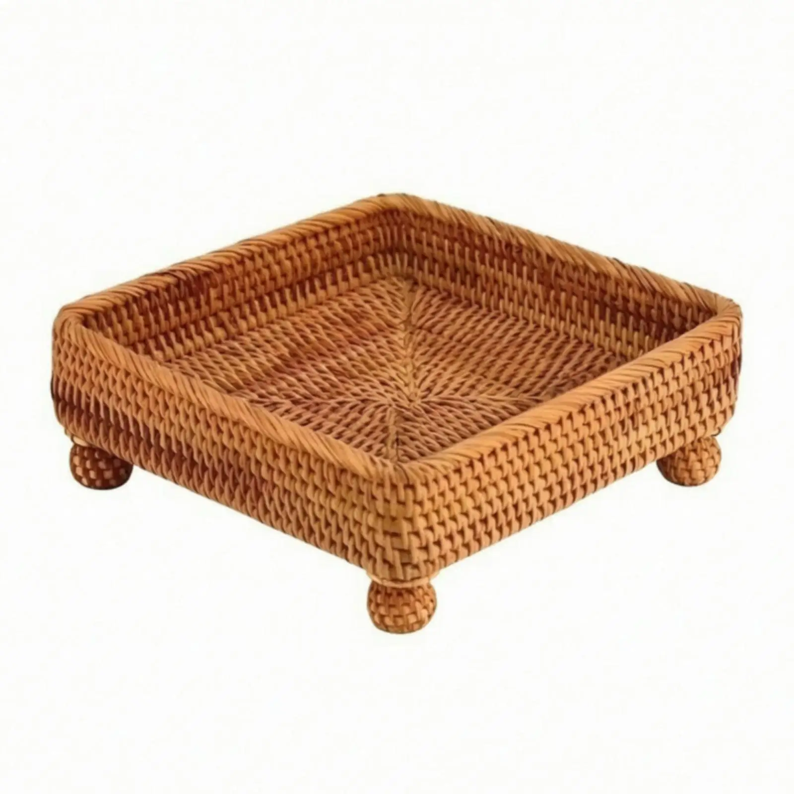 Rustic Rattan Storage Basket Handmade Open Top Tray for Dining Table Small Items
