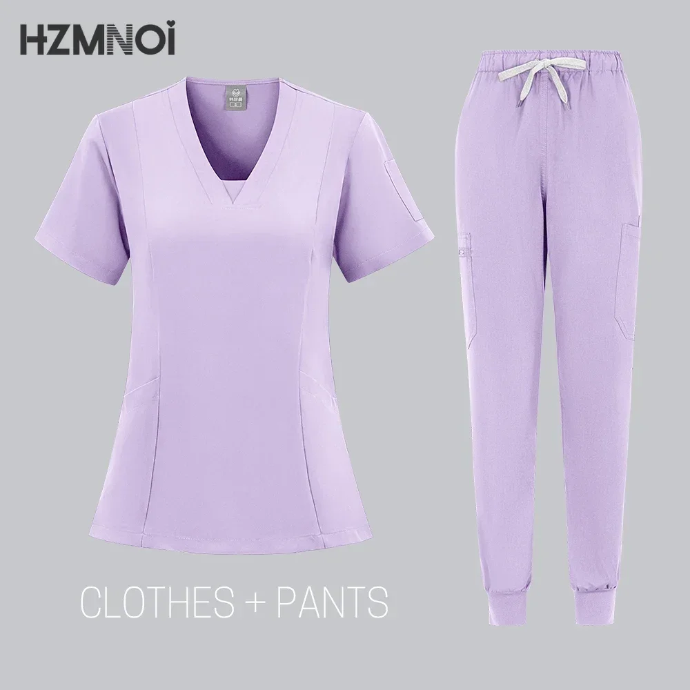 HZMNOI High-quality Nursing Scrubs Uniform Suit Short Sleeve V-neck Tops+Pants Sets Women Multicolor Pet Medical Workwear Nurse