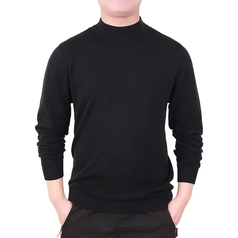 

New Men's Spring, Autumn, and Winter Half High Neck Long Sleeve Underlay Core-spun Yarn Sweater Men's Solid Cotton Sweater