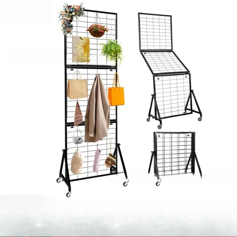 Three-fold floor-to-ceiling mesh display rack, household multi-purpose storage rack with wheels