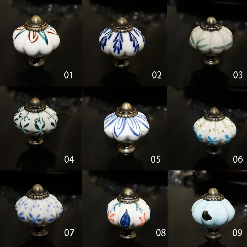 Hand-painted Ceramic Blue and White Porcelain Pumpkin Classical Door Handle, Twisted Drawer, Cabinet, Single Hole Handle