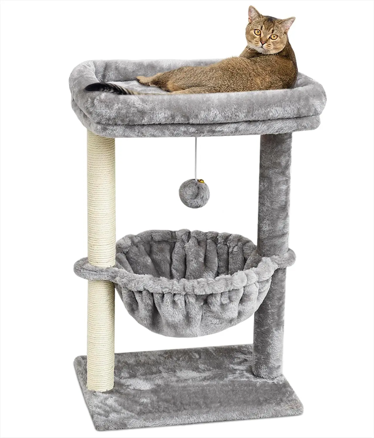 

Small Indoor Cat Tree with Scratching Post, Cat Bed, Basket, and Hanging Ball for Play and Rest