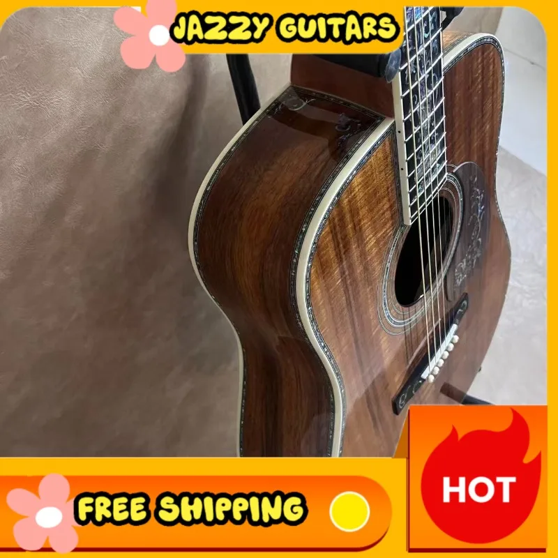 Dark Brown Wood Grain Dreadnought Acoustic Guitar D45 Style Gorgeous Abalone Shell Inlay Pickguard Rosette Warm Rich Tone Stage