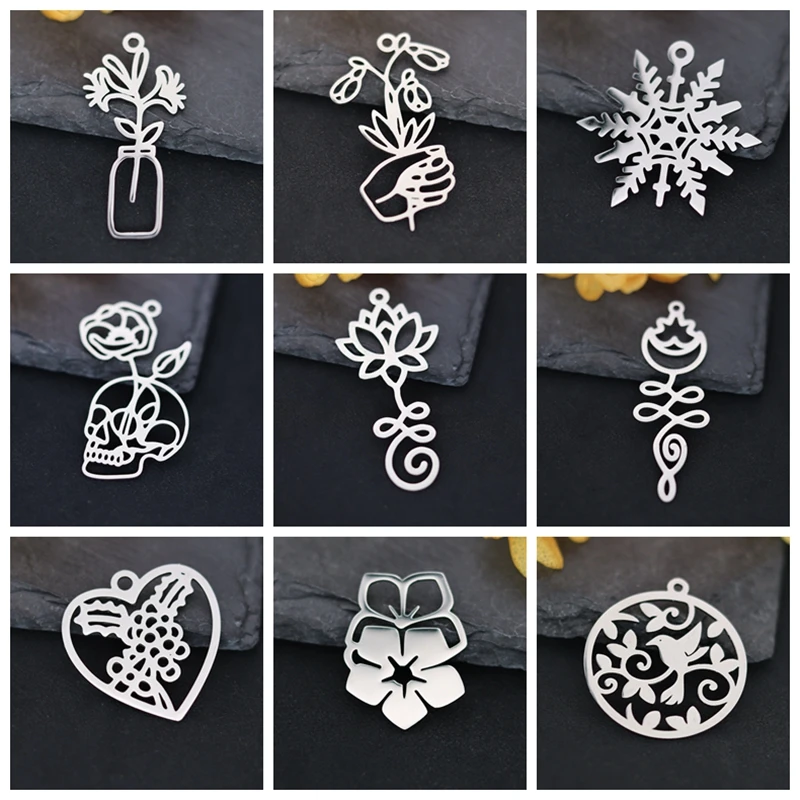 3pcs Art Line Lotus/Rose/Cherry Flower Charms diy Accessories Stainless Steel Pendant Jewelry Making Vintage Earrings Girl Craft