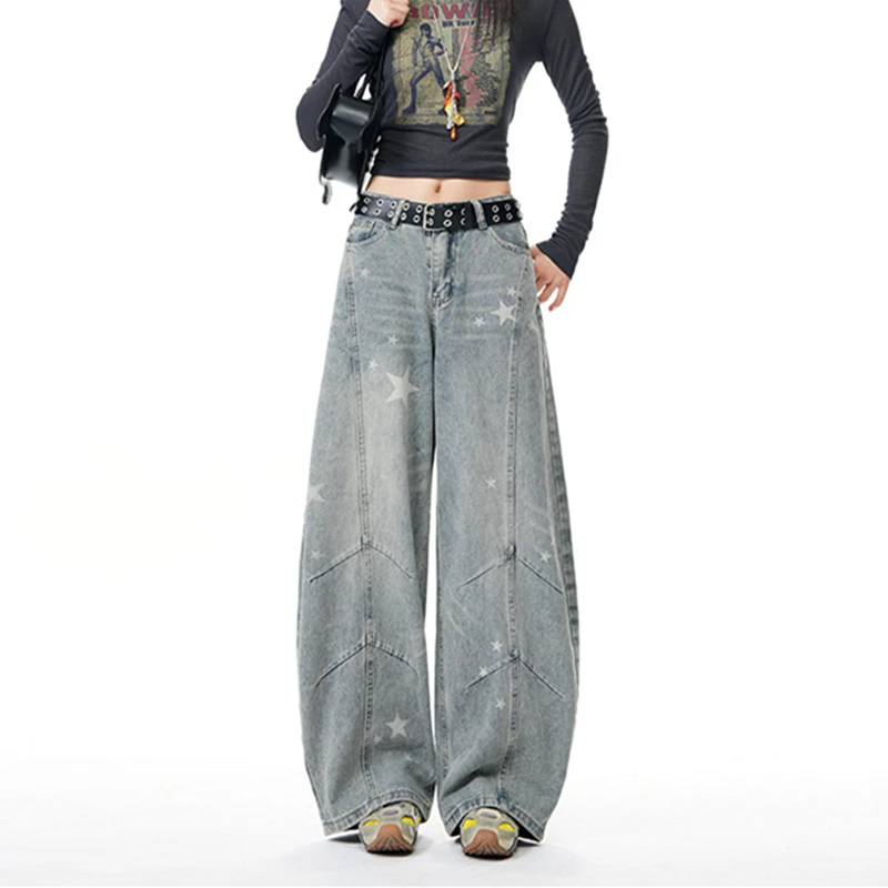 FINEWORDS Vintage High Waist Star Print Jeans Women Casual Wide Leg Washed Jeans Easymatch Korean Full Length Loose Jeans