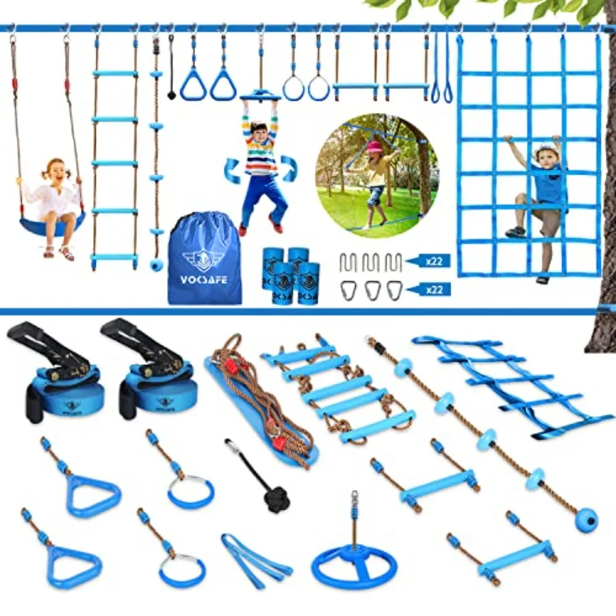 

56' Weatherproof Ninja Warrior Hanging Obstacle Course Line Backyard Training Equipment Set for 12 Obstacles Like Walking Line