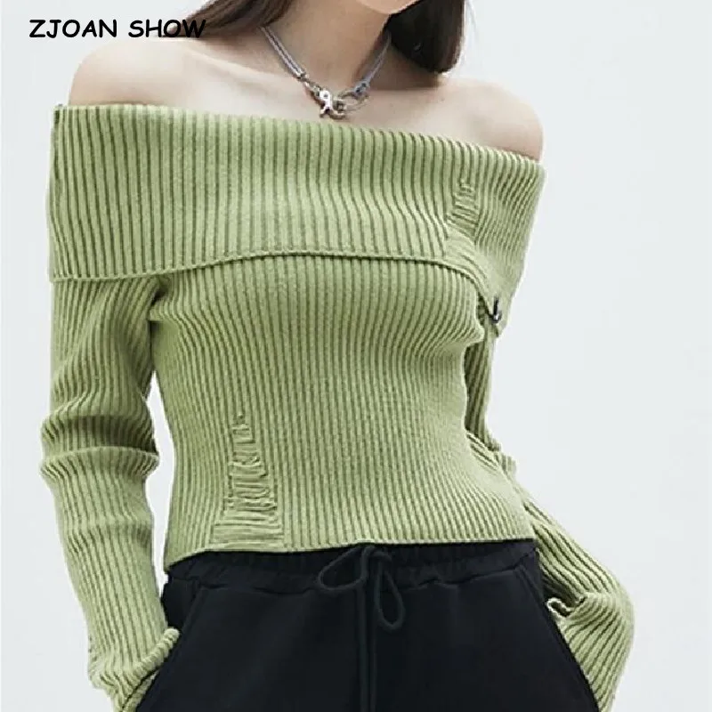 

2023 Autumn Winter Hole Rib Knitted Off the Shoulder Pullover Sweater Sexy Women Full Sleeve Slim Stretch Knitwear Jumper