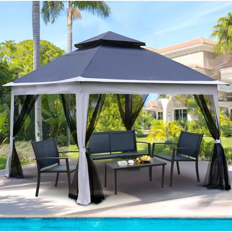 Outdoor 11x11Ft Pop Up Gazebo with Removable Zipper Netting, 2-Tier Soft Top Tent for Patio Backyard Garden, Customized