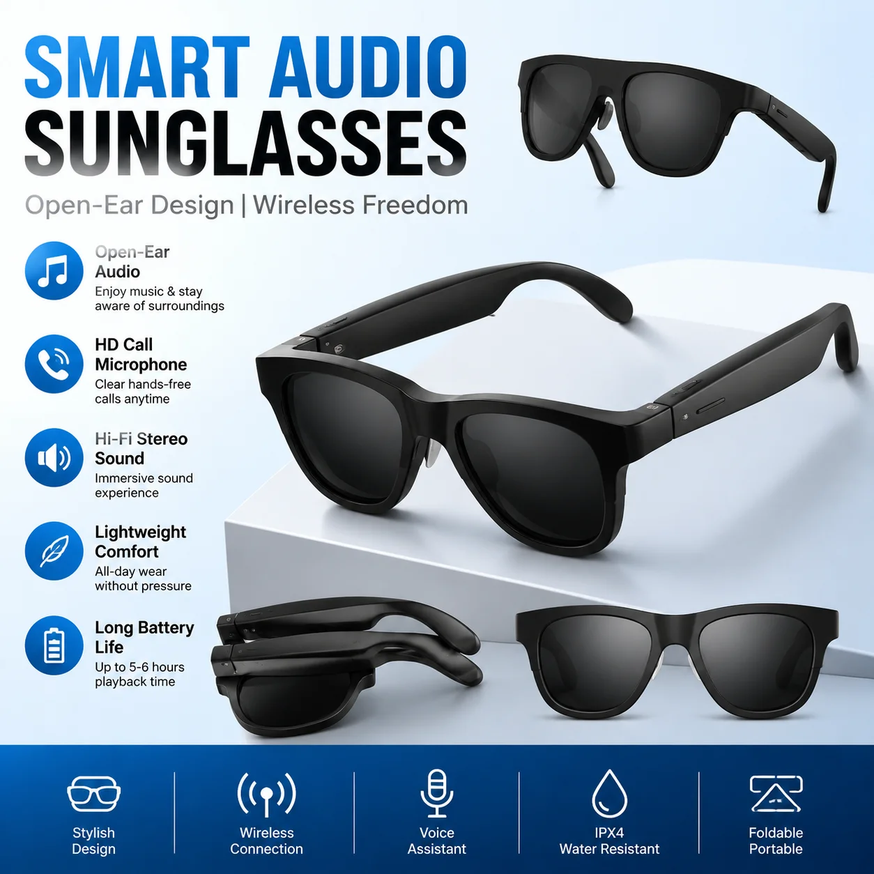 Smart Glasses Bluetooth Audio Wireless Sunglasses Open Ear Headphones Music Calling Hands Free Sports Eyewear for Men Women HT30