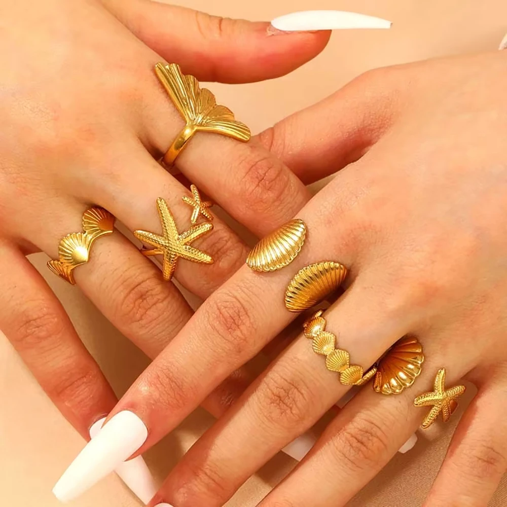 Ocean Starfish Shell Open Rings For Women Gold Color Stainless Steel Ring Summer Beach Aesthetic Waterproof Jewelry Gift