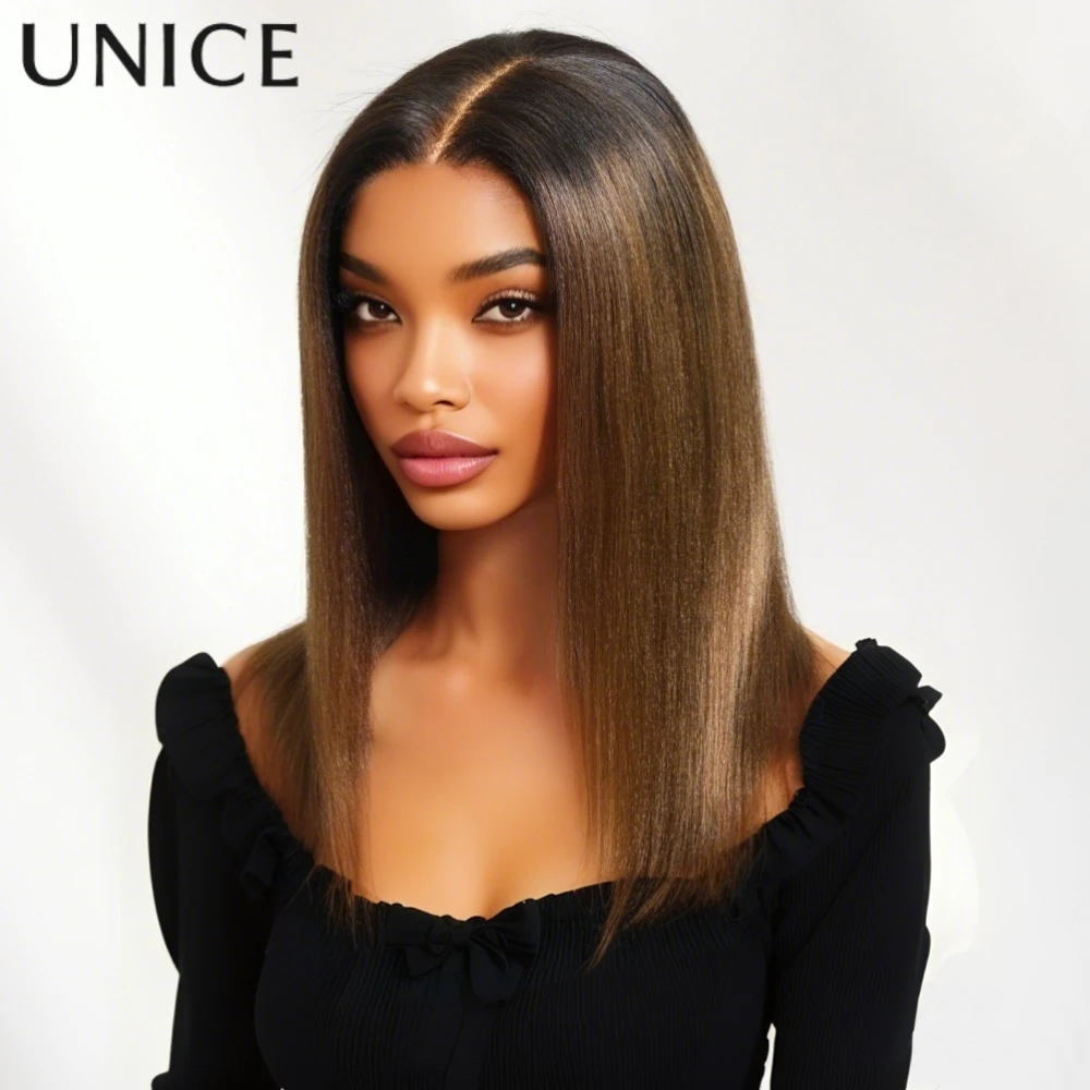 

UNice Anti-Slip Cap 7x5 Lace Chestnut Brown Ombre Yaki Straight Bob Wig Human Hair Pre Cut Pre Bleached Glueless Wig