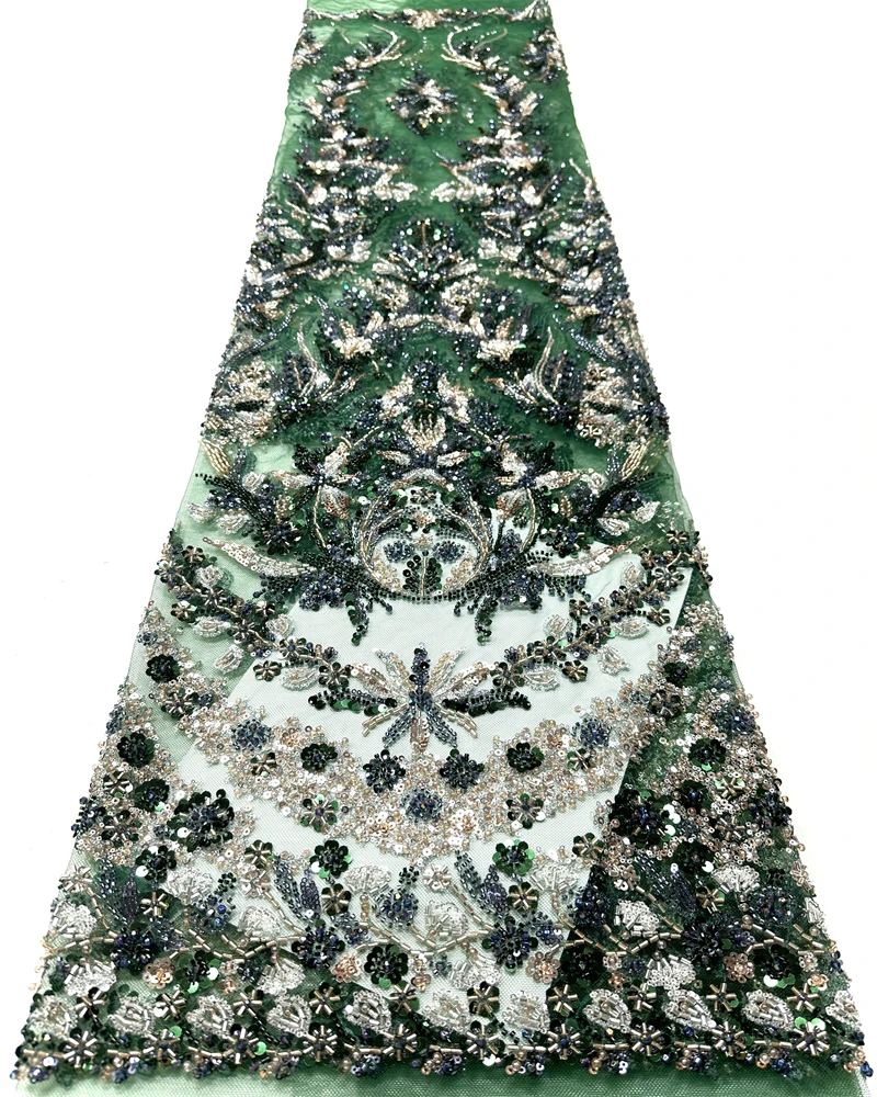African Luxury Beads Embroidery French Heavy Lace with Sequins Mesh Net Fabric for Wedding Top Quality Nigerian - Detail 1