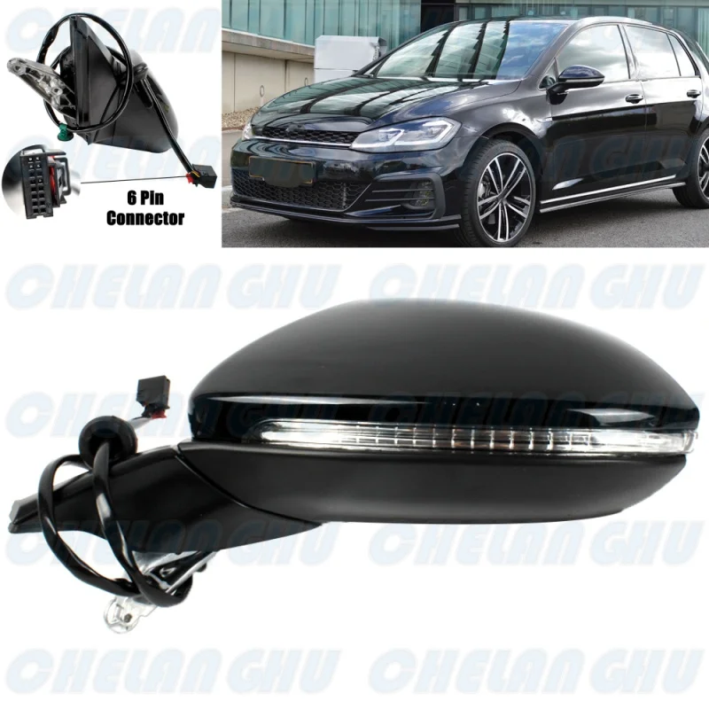 Do VW Golf 7 7.5 2013 2014 2015 2016 2017 2018 2019 2020 Lewa strona 6 pinów Czarny malowany podgrzewany montaż lusterka z regulacją mocy