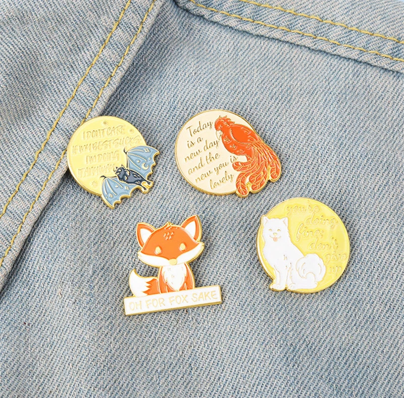 Bag Pin Lapel Badge Cartoon Jewelry Gift for Kids Friends Animal Quotations Monologue Enamel Brooch Fox Bat Dog Bird