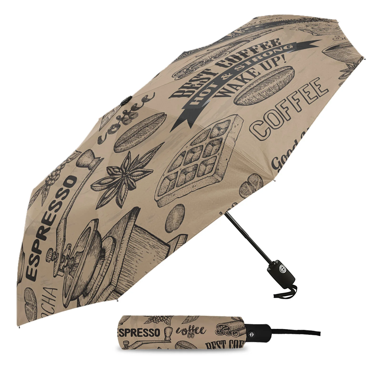 Coffee Beans Cake Cup Automatic Umbrella Folding Umbrella Outdoor Printed Rain Umbrella for Women Kids Parasol