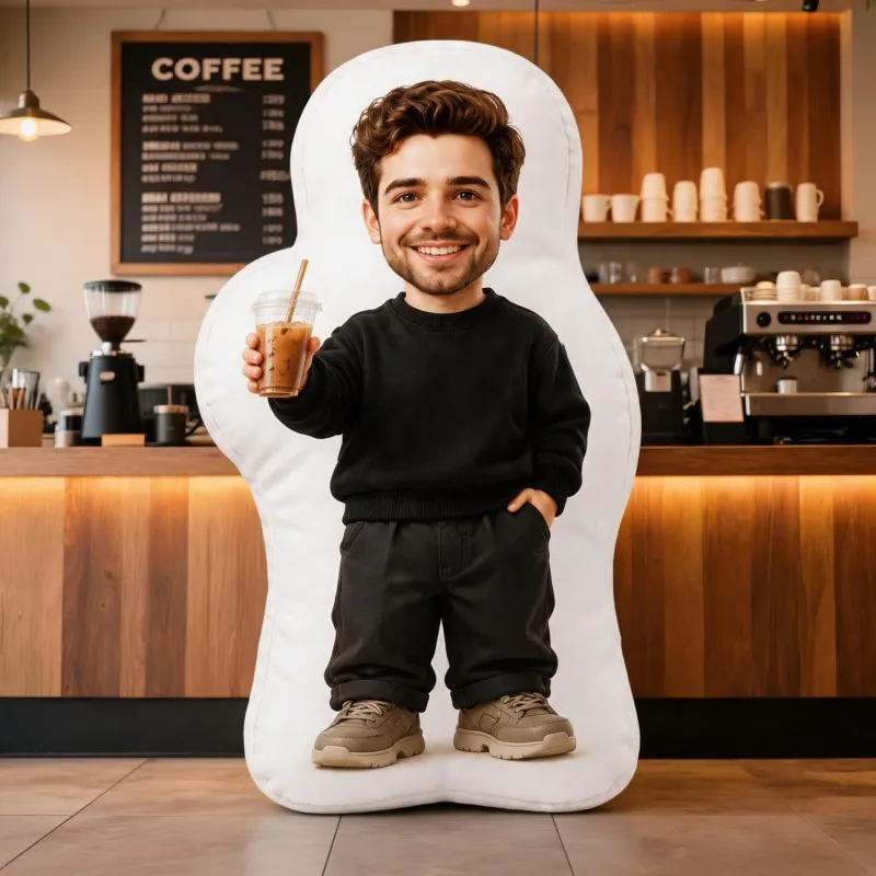 Custom Personalized Photo Shaped Pillow, Smiling for Man Holding Coffee Custom Picture Decorative Cushion, 70cm Home Decor Accen