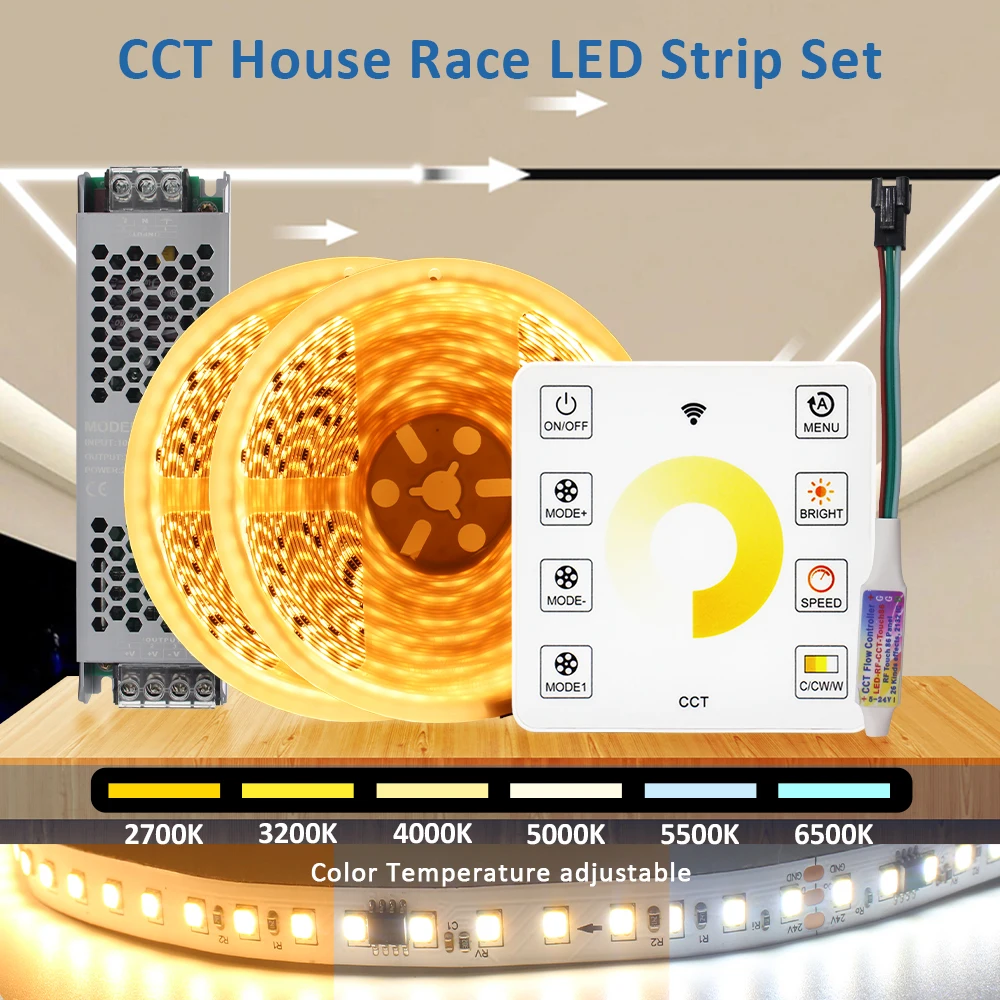 CCT 24V DC Horse Racing LED Strip Light 5M 10M 15M 20M 1903 IC Dual Color Running Water Flexible Tape Touch Wireless Control Set