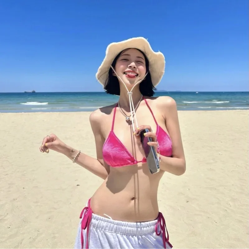 

Горячая распродажа сезона, однотонное бикини в корейском стиле, женское облегающее треугольное бикини, раздельный дизайн, праздничный купальник, чувственный