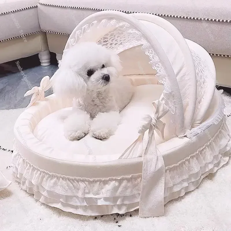 Pet Cradle Bed with Cotton Puppy Kitten Princess Bed - Pet Sofa, Dog Cushion Puppy Cradle Bed, Morandi Beige