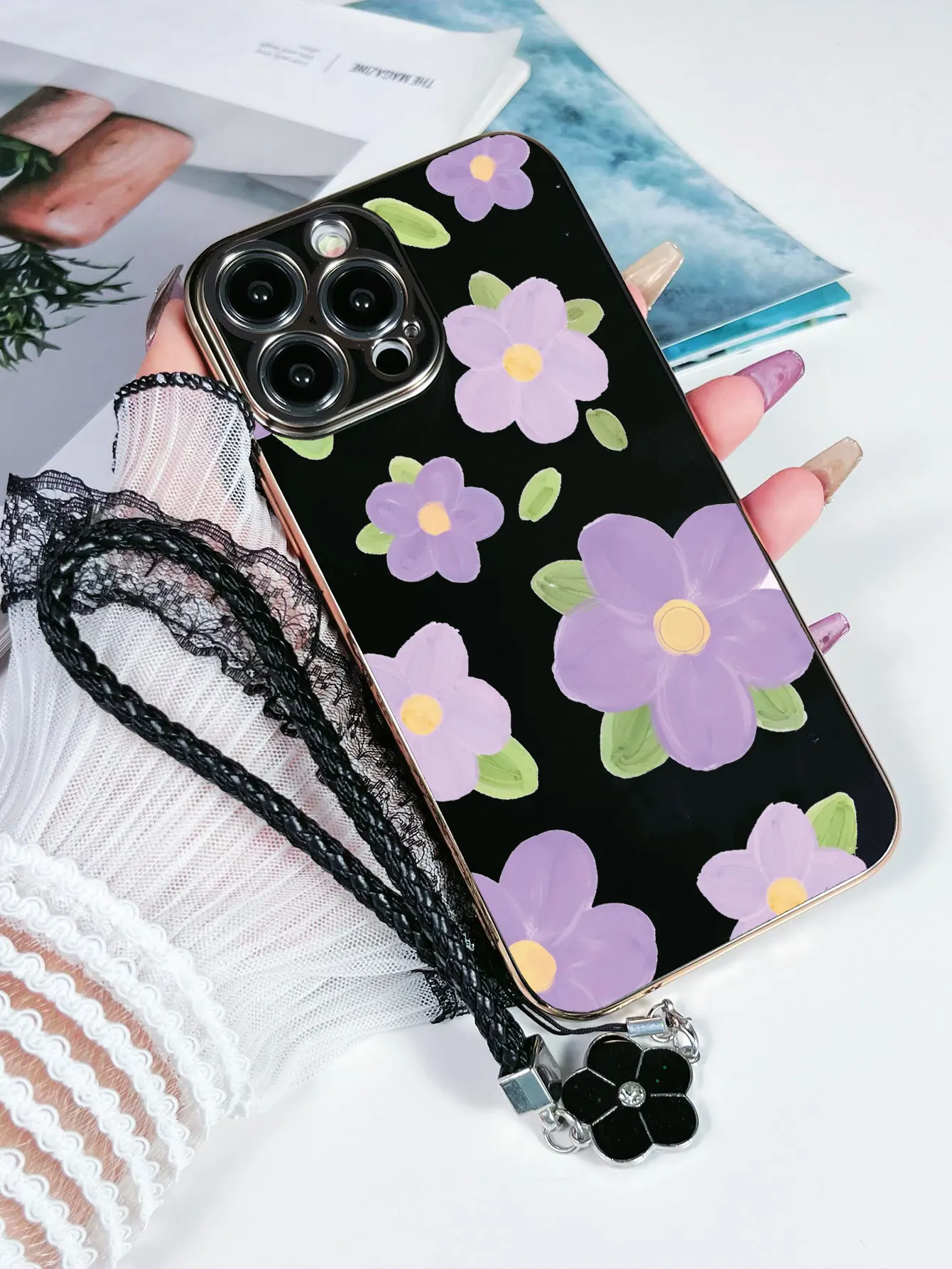 Fashion Cute Flowers Pattern Lanyard Painted Phone Case For iPhone 17 16 13 12 11 Pro Max 15 14 Plus X S Plating Soft Back Cover