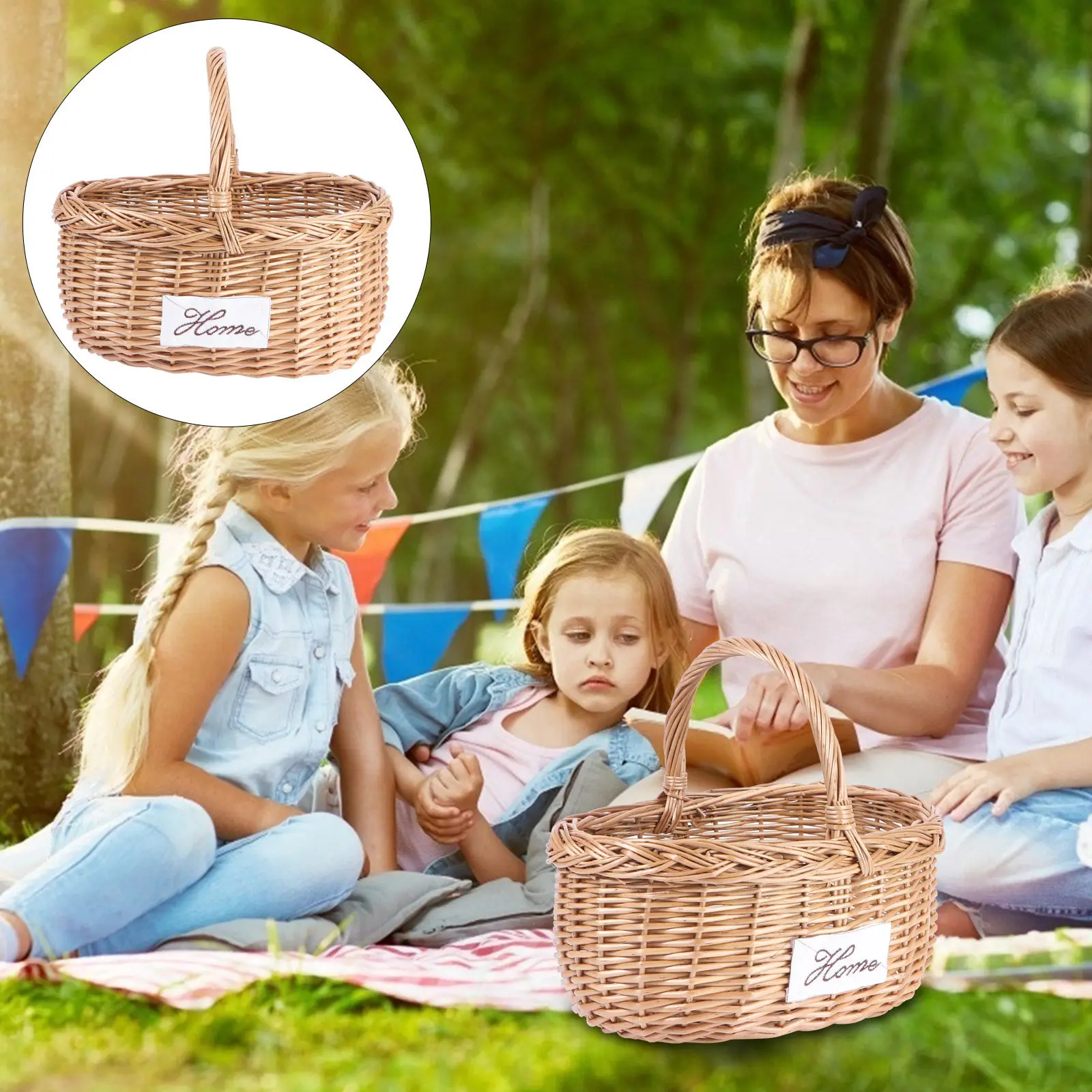 Cesta de picnic tejida de mimbre, cesta de almacenamiento hecha a mano de color marrón natural para frutas, flores, verduras, decoración para el hogar, jardín y exteriores, 1 unidad