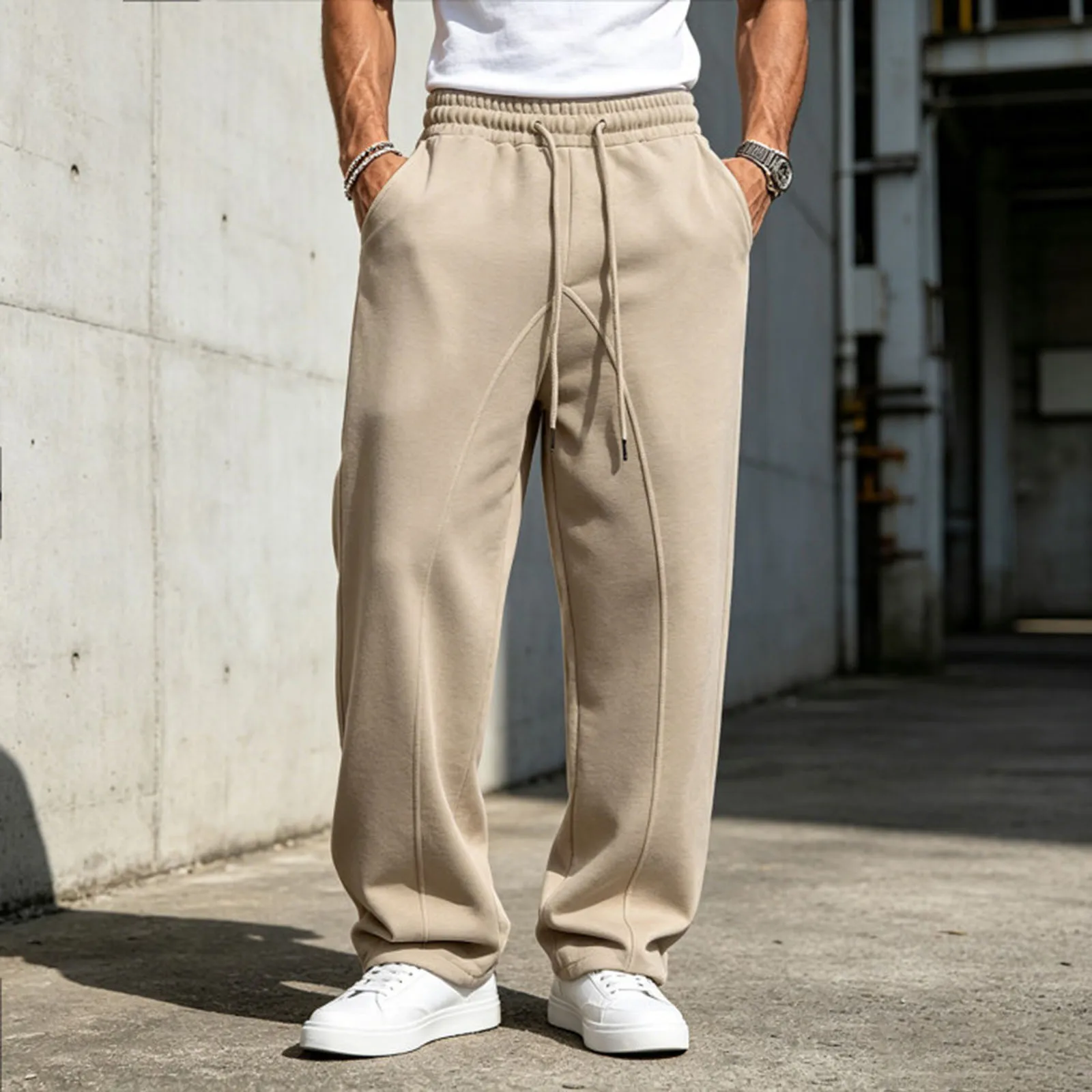 Men'S Long Sweatpants With Drawstring Elastic Waistband Three-Dimensional Line Loose And Wide Leg Pocket Design CalçA Baggy 2026