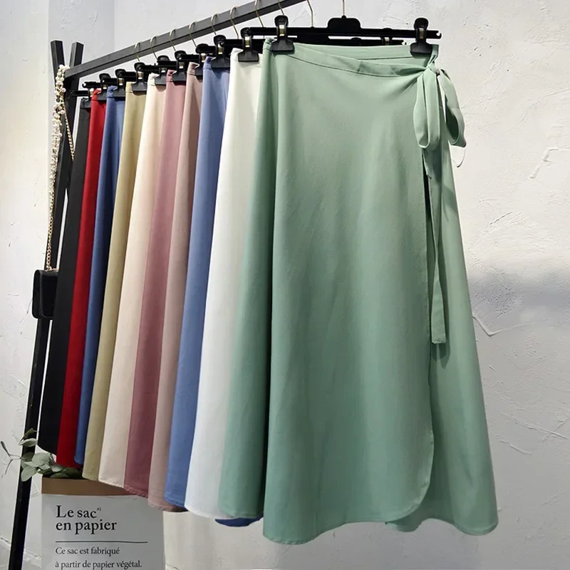 Summer Skirts Womens 2024 New High Waist Side Tie Beach Casual Wrap Skirt Women Solid Elegant Midi Skirt Woman Clothes