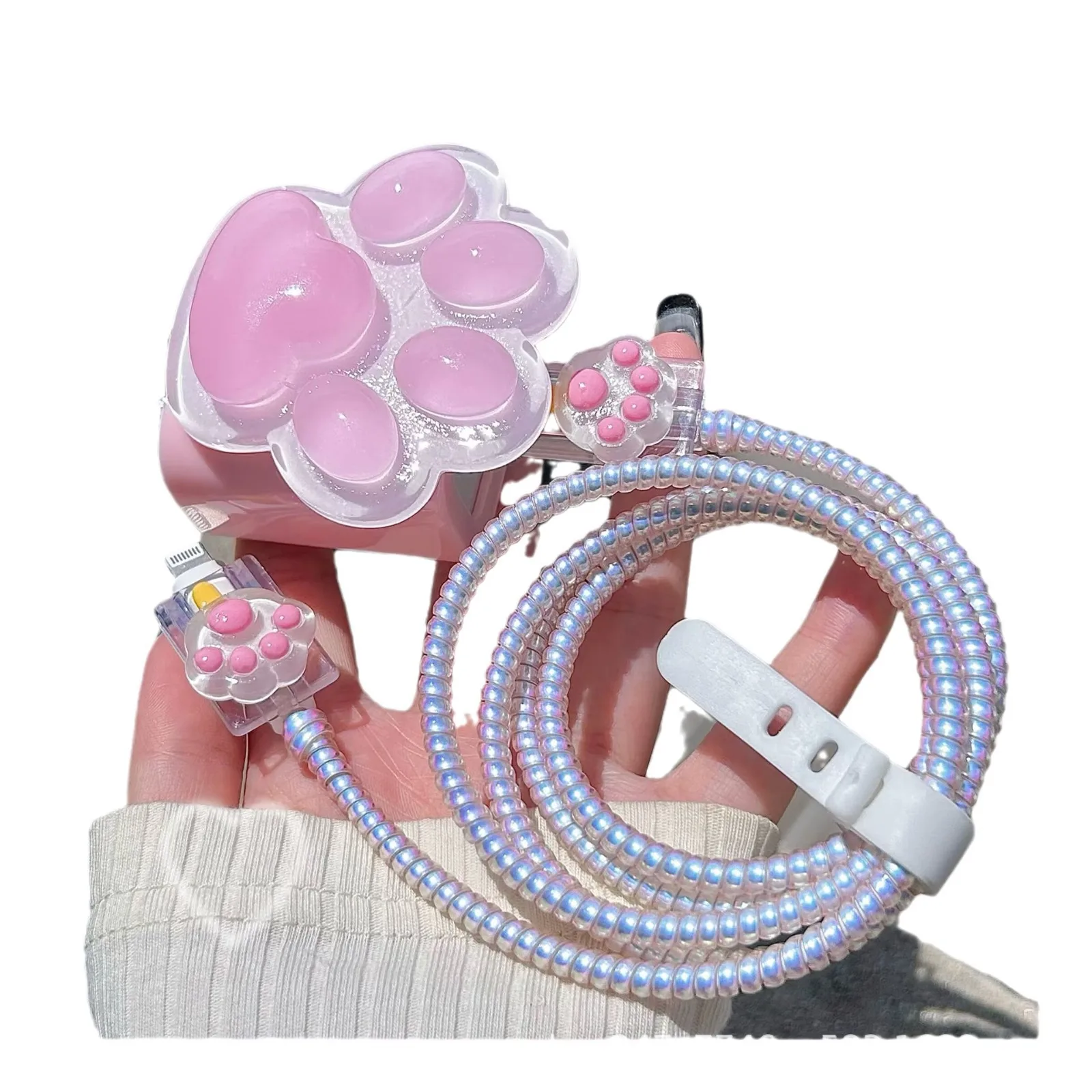 New Girl Pink Cute Cat Print Data Cable Protection Cover 20w Suitable for Apple iPhone Fast Charging Case Charger view 5