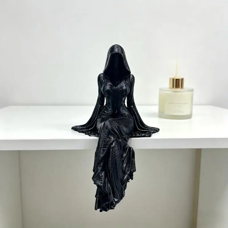 Weibliche Harzstatue des Todesengels, gotische sitzende Skulptur mit Sichel, düstere ästhetische Dekoration für Zuhause, Büro und Bücherregal – Detail 7