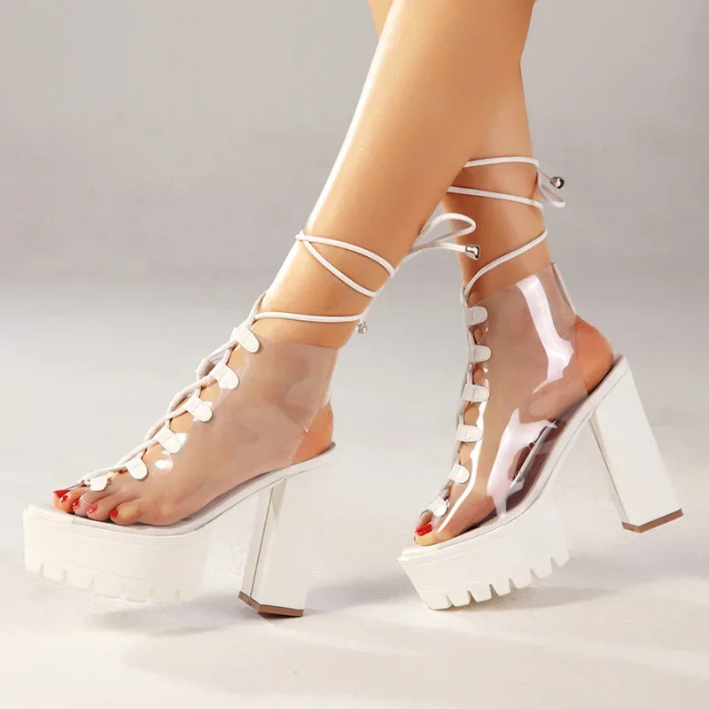 2023 Sandals Women  Woman Shoes High Heels Sexy Boots Womens Platform Heels Lacing Candy Colors Clear Shoes Zapatos De Mujer