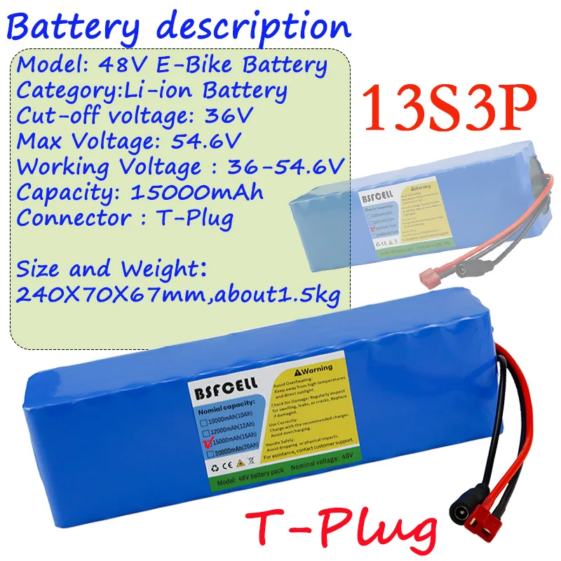 

Новый аккумулятор для электронного велосипеда с Т-образным разъемом BMS, 15000 мАч, 48 В