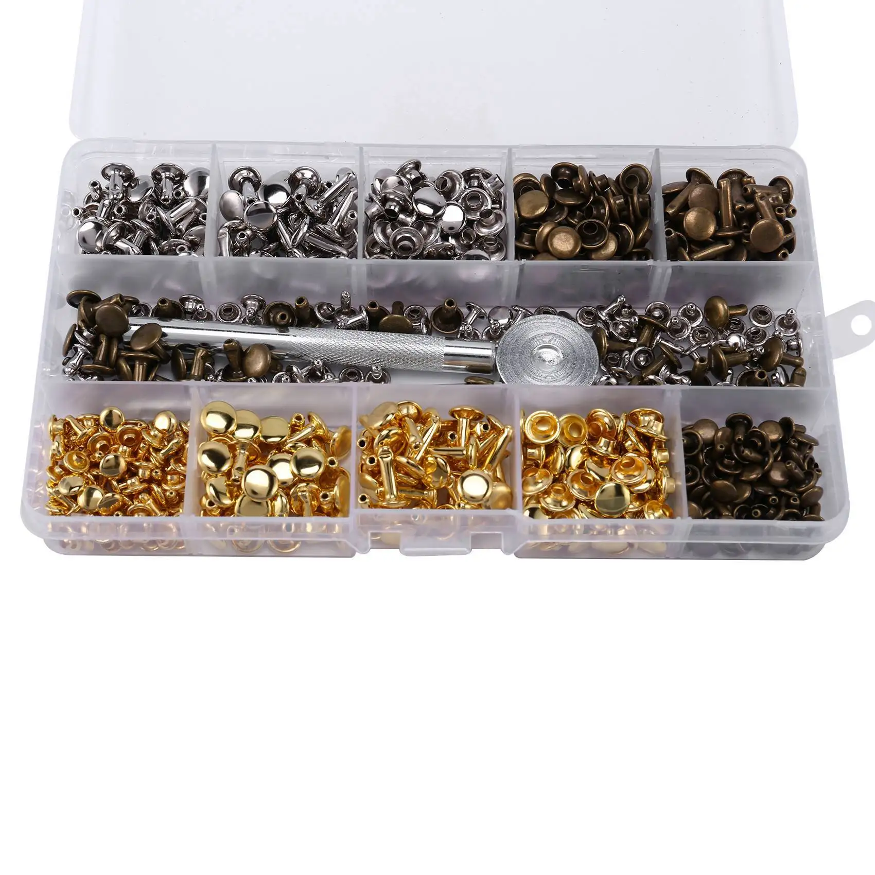 600 Sets Leather Rivets Double Cap Rivet Tubular Metal Studs With Punch Pliers Fixing Set Tools-BAAX