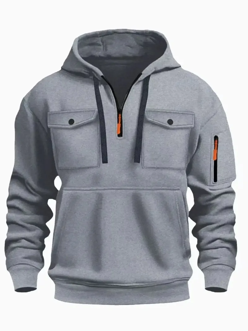 Autumn and winter New men's hoodie with multiple pockets hooded long sleeved jacket with fleece top for casual sports men jacket