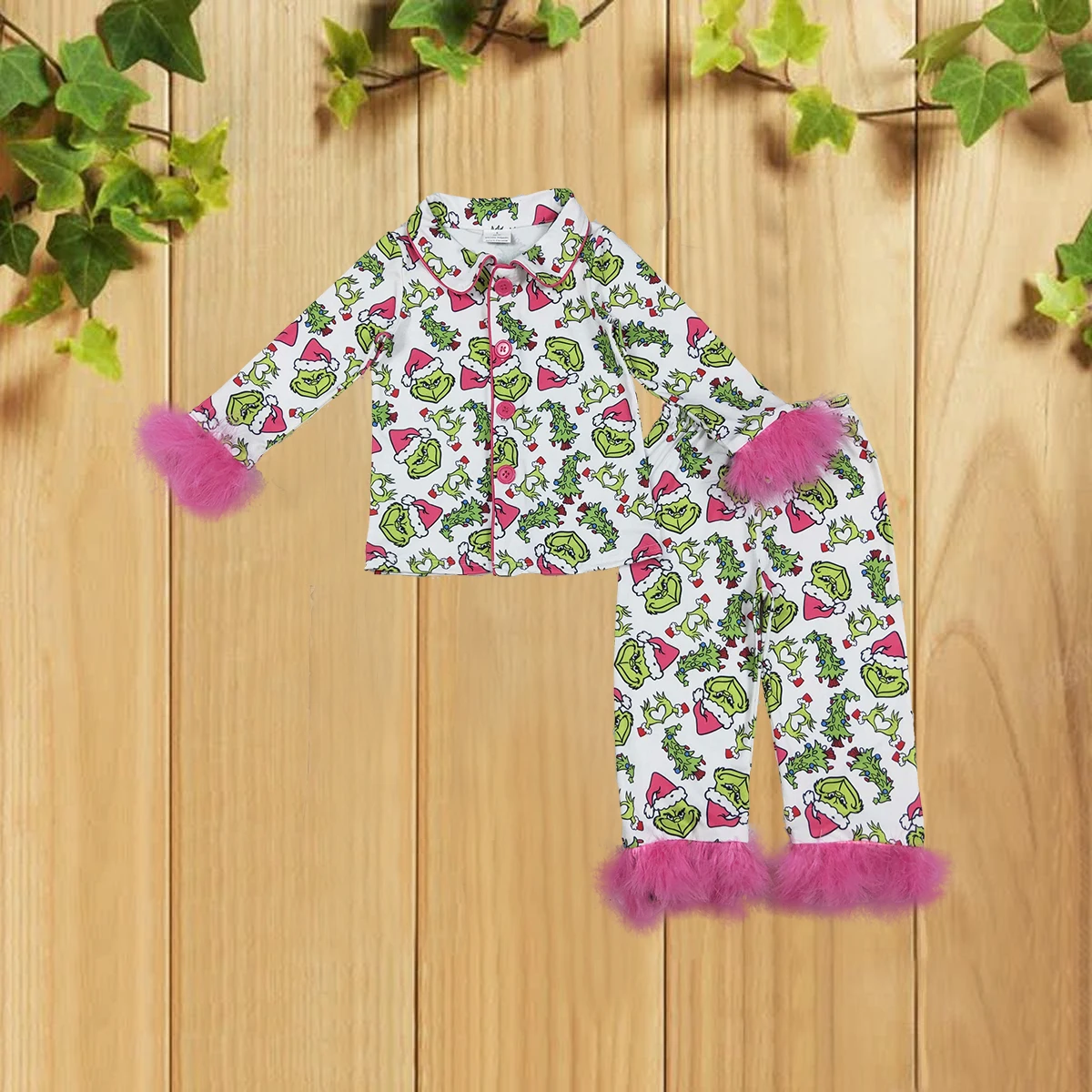 

9.1 GLP2647 Christmas Tree Pink Furry Edged White Long Sleeve Long Pants Sleepwear Set for Girls Holiday-themed Pajamas