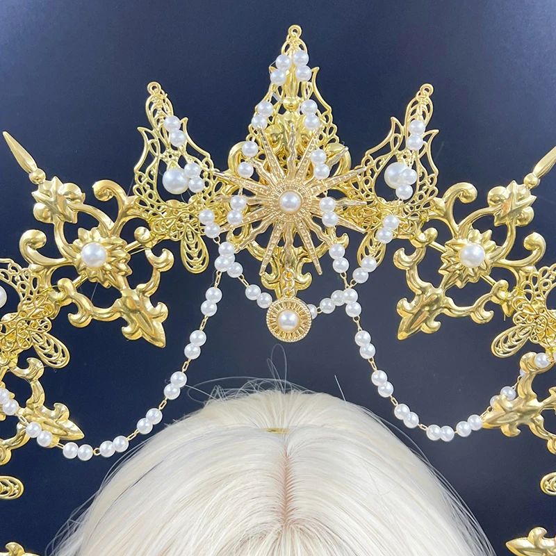 Lolita metal Sun Goddess Crown headwear Virgin Apollo pearl exaggerated halo Pope headwear outfit 5