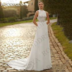 RODDRSYA Elegant Backless Wedding Dress for Bride 2026 Lace O-Neck Sleeveless Crape Bridal Gown A Line Customized robe de mariée
