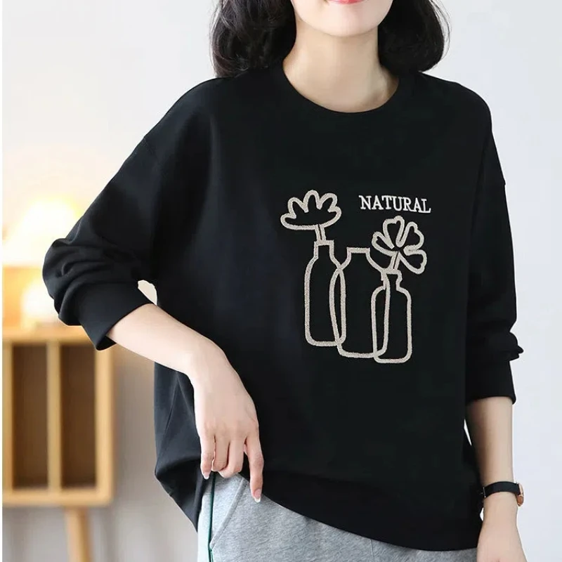 New Spring and Autumn Women\'s Solid Color O-Neck Long Sleeve Loose Printed Classic Pullovers Trendy Comfortable Commute Tops