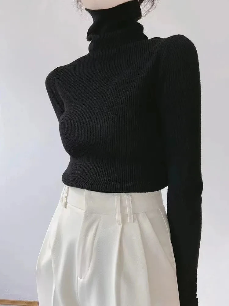 

Пуловеры женские, однотонные, в стиле Харадзюку, шикарные свитера с высоким воротником, универсальные, элегантные, тонкие, мягкие, уютные, горячая распродажа, осенний трикотаж Mujer