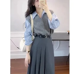 Korean Women Graceful Spring Autumn Clothing 2023 New Lady Stripe Shirts Gray Knit Vest Midi Skirts Sets Sweater Tops Outfits